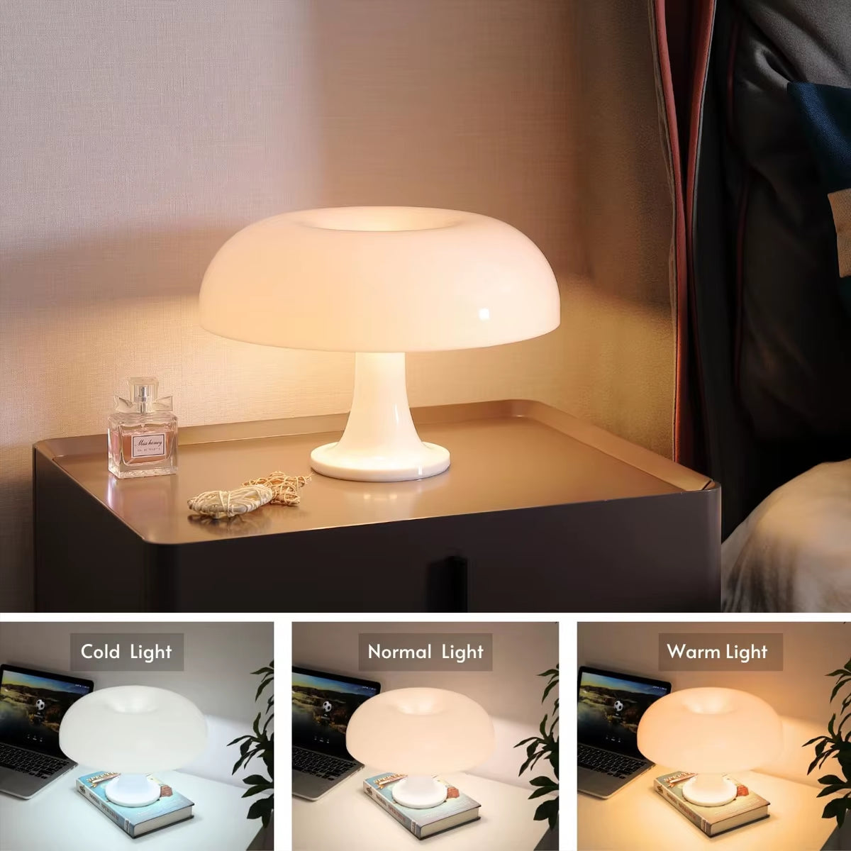 Mushroom Lamp for Room Aesthetic Modern Lighting for Bedroom | Cool Retro Living Room Decor (White)