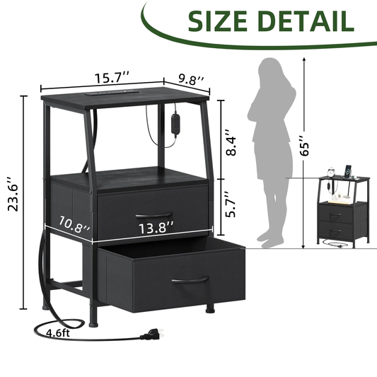 Small Nightstand with Charging Station for Bedroom, 2 Black Drawer Dresser with Storage Shelfs