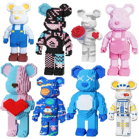 DIY Kids Toys Cartoon Mini Love Violent Bear Bearbrick Model with Light Building Block Micro Bricks Christmas Birthday Gift